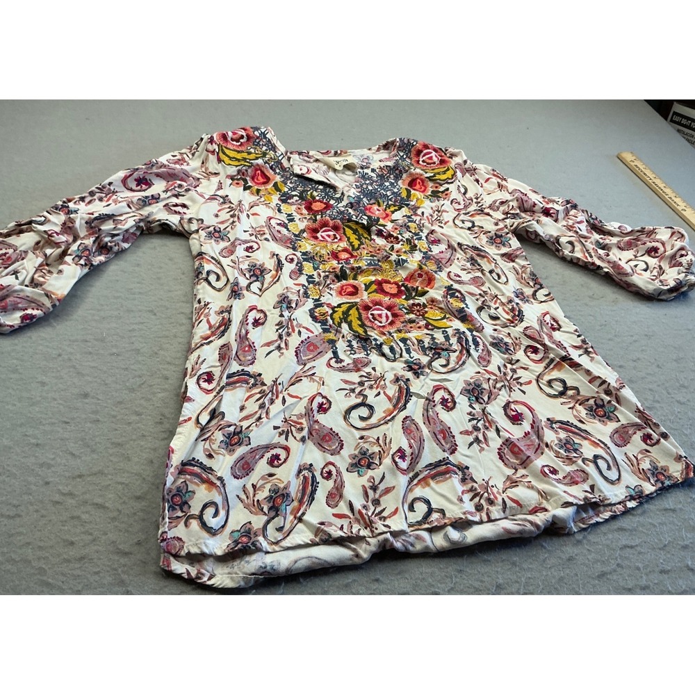 Sarah Jayne Embroidered Tunic Top Puff Sleeve Boho Floral Small Cream Rayon